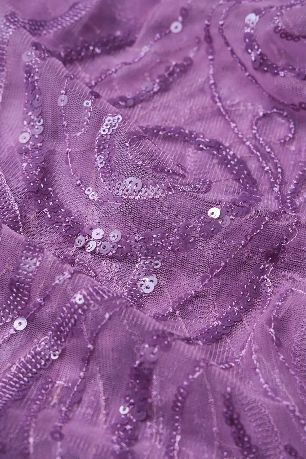 Gorgeous Lavender Sequins Geometric Embroidery On Lavender Soft Net Fabric