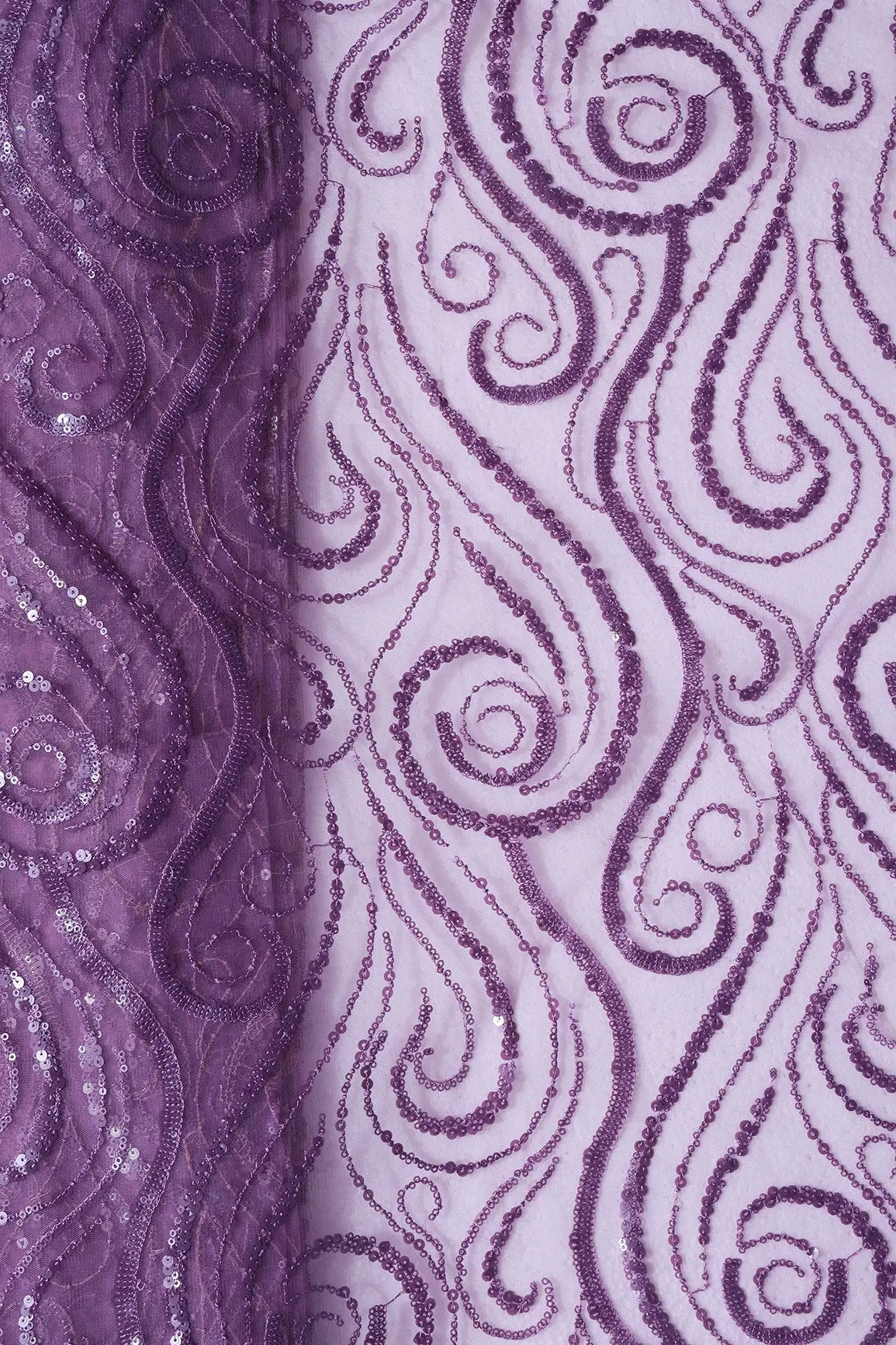 Gorgeous Lavender Sequins Geometric Embroidery On Lavender Soft Net Fabric