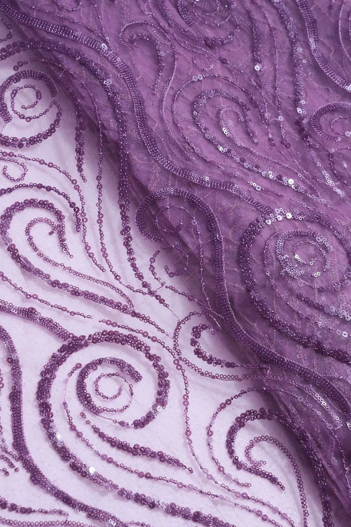 Gorgeous Lavender Sequins Geometric Embroidery On Lavender Soft Net Fabric