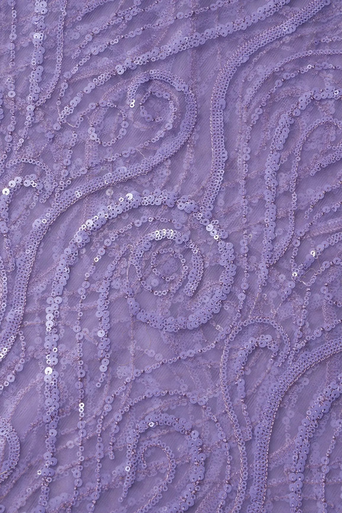 Gorgeous Lilac Sequins Geometric Embroidery On Lilac Soft Net Fabric