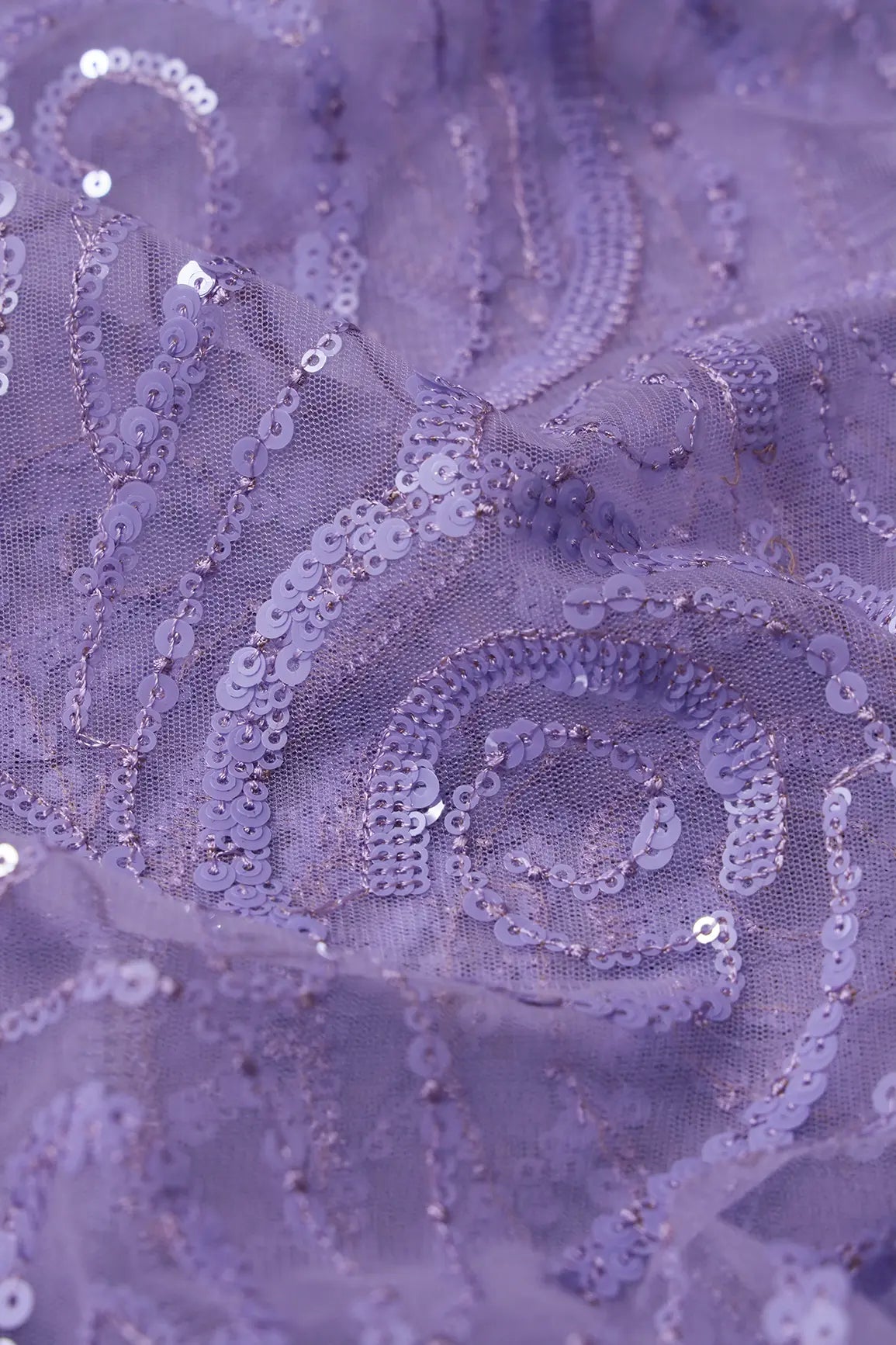 Gorgeous Lilac Sequins Geometric Embroidery On Lilac Soft Net Fabric