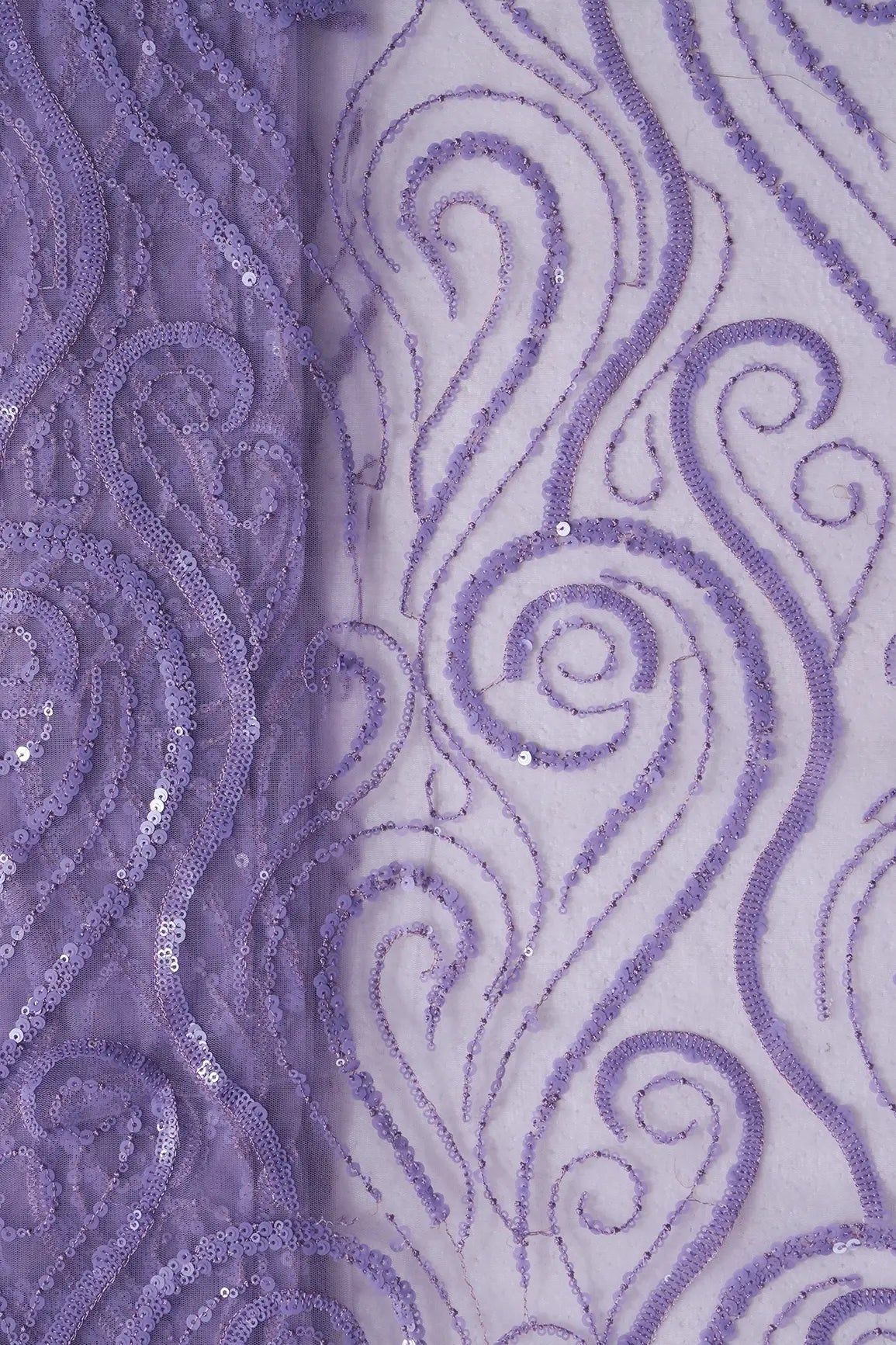 Gorgeous Lilac Sequins Geometric Embroidery On Lilac Soft Net Fabric