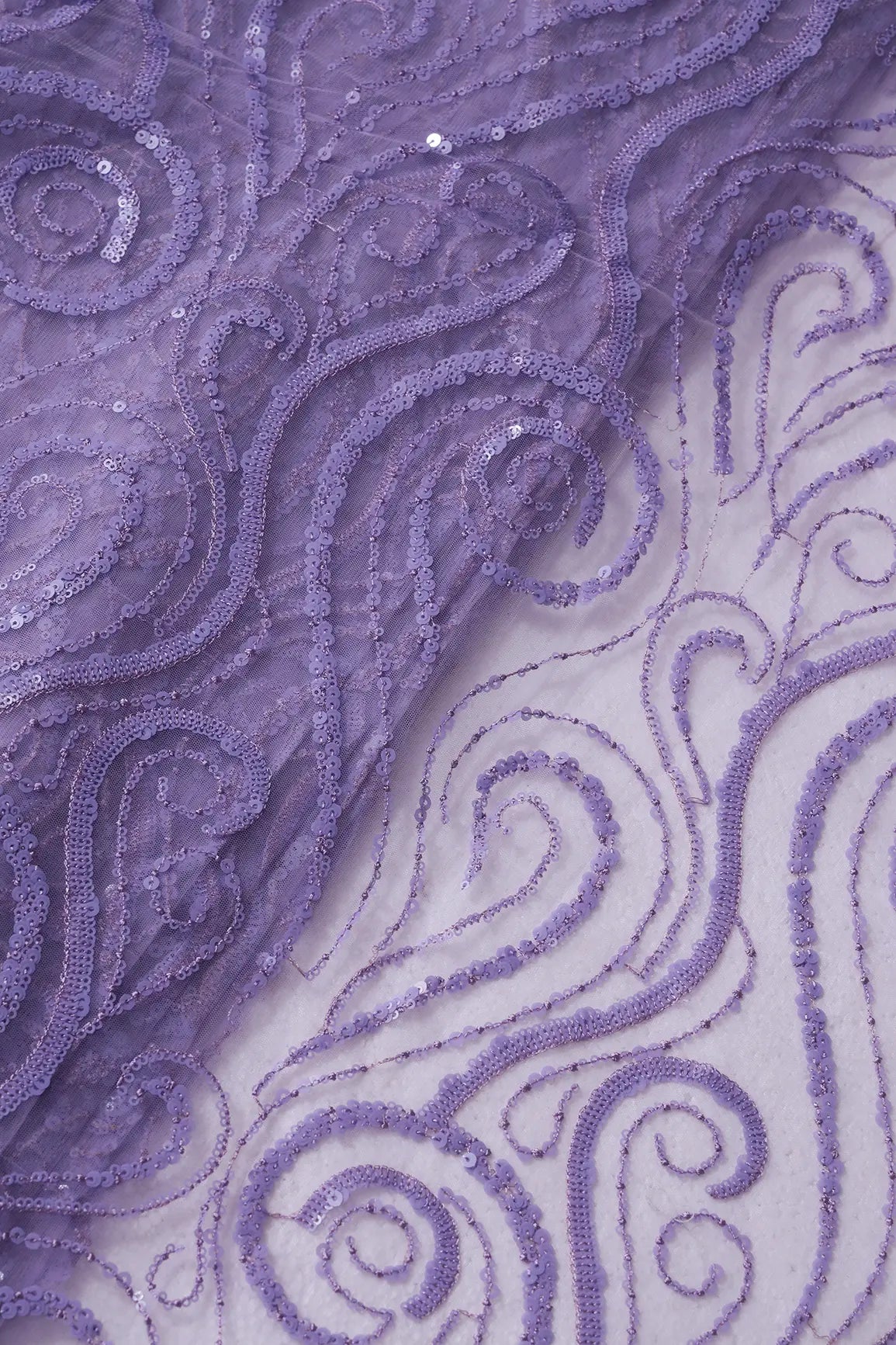 Gorgeous Lilac Sequins Geometric Embroidery On Lilac Soft Net Fabric