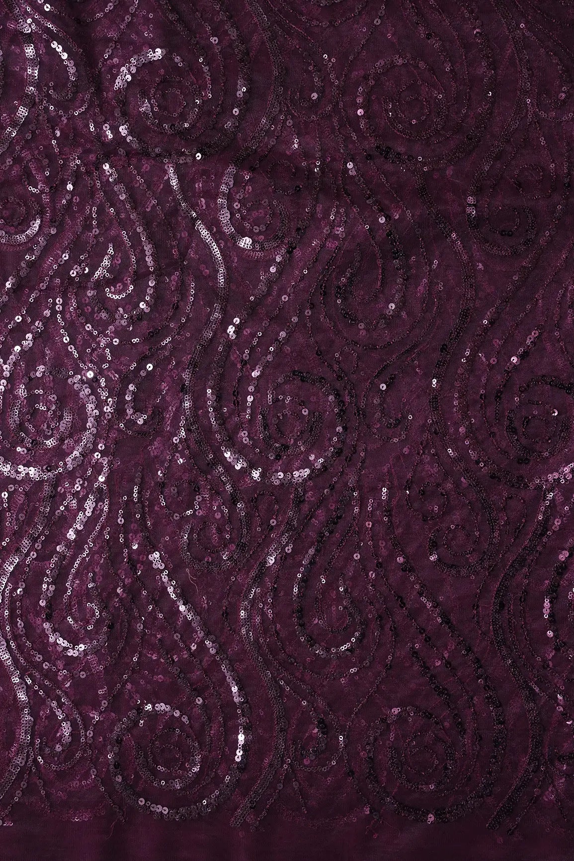 Gorgeous Wine Sequins Geometric Embroidery On Wine Soft Net Fabric