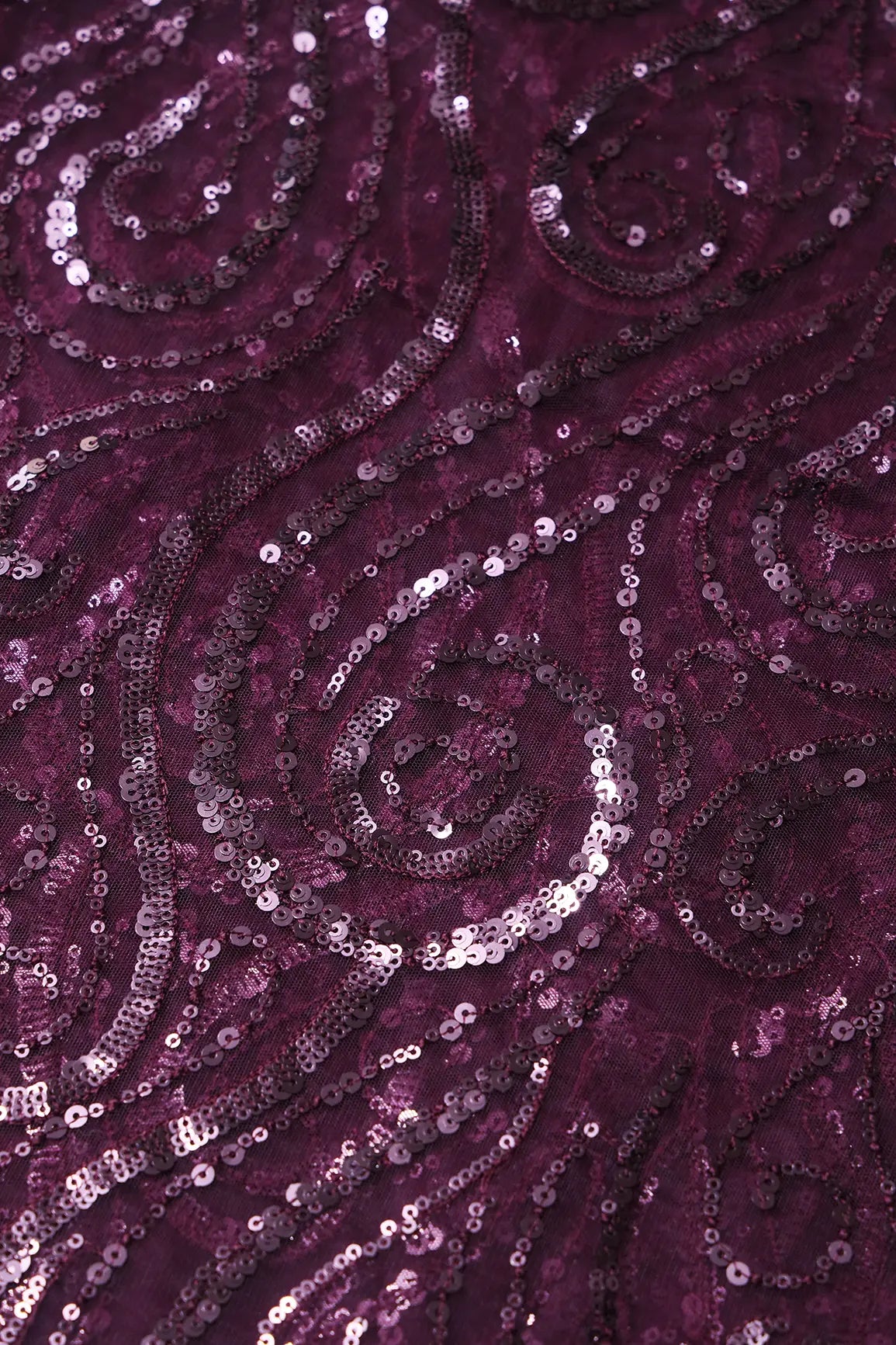 Gorgeous Wine Sequins Geometric Embroidery On Wine Soft Net Fabric