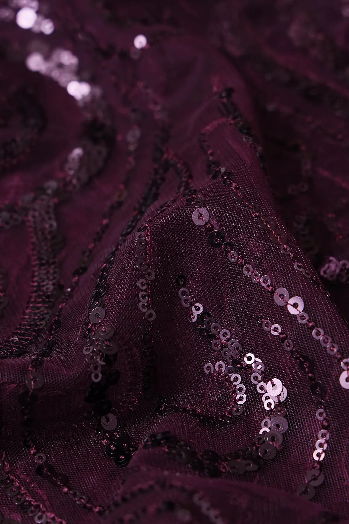 Gorgeous Wine Sequins Geometric Embroidery On Wine Soft Net Fabric