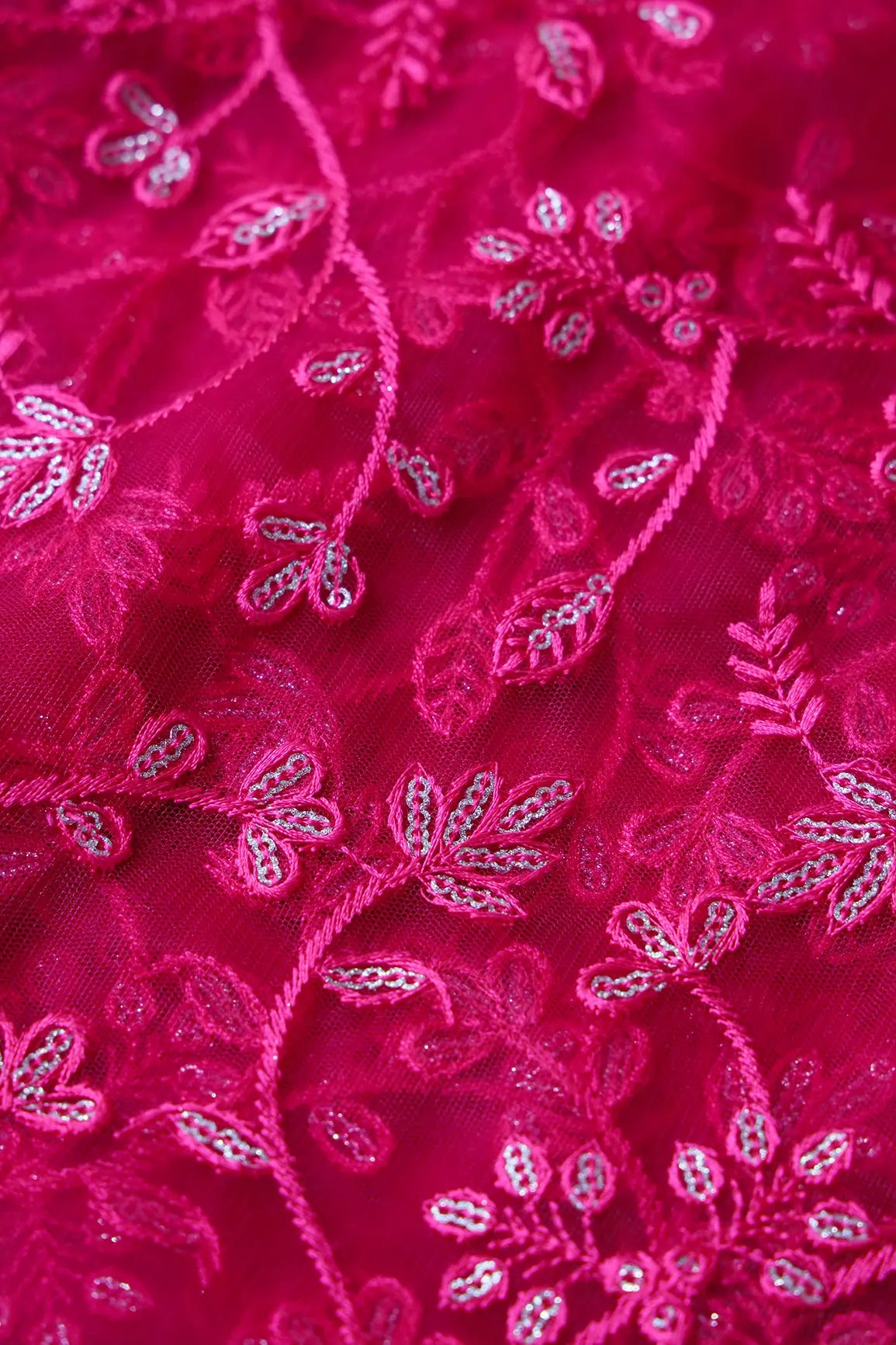 Beautiful Gold Glitter Sequins Heavy Floral Embroidery On Fuchsia Soft Net Fabric