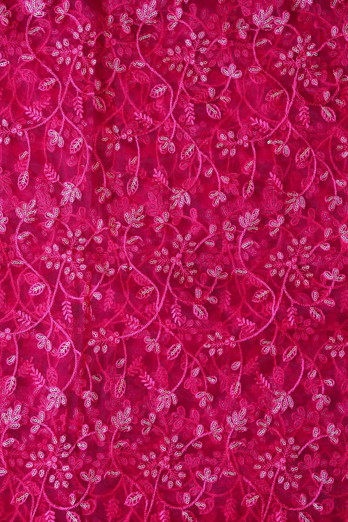 Beautiful Gold Glitter Sequins Heavy Floral Embroidery On Fuchsia Soft Net Fabric