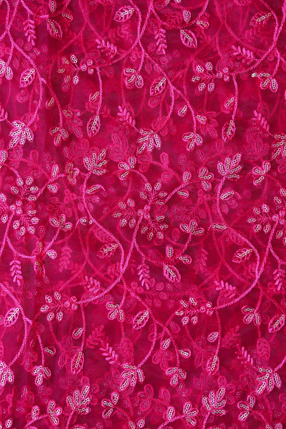 Beautiful Gold Glitter Sequins Heavy Floral Embroidery On Fuchsia Soft Net Fabric