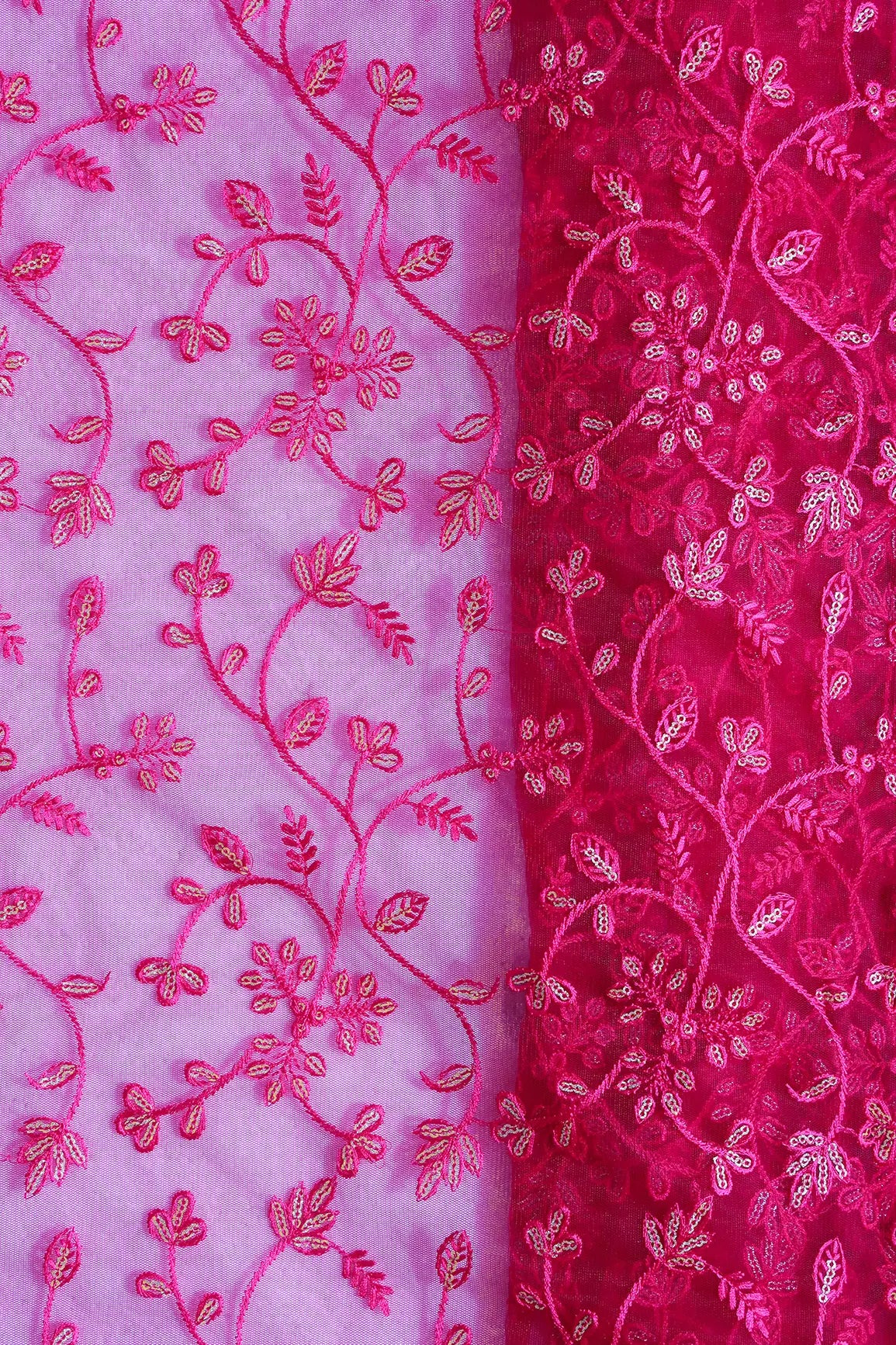 Beautiful Gold Glitter Sequins Heavy Floral Embroidery On Fuchsia Soft Net Fabric