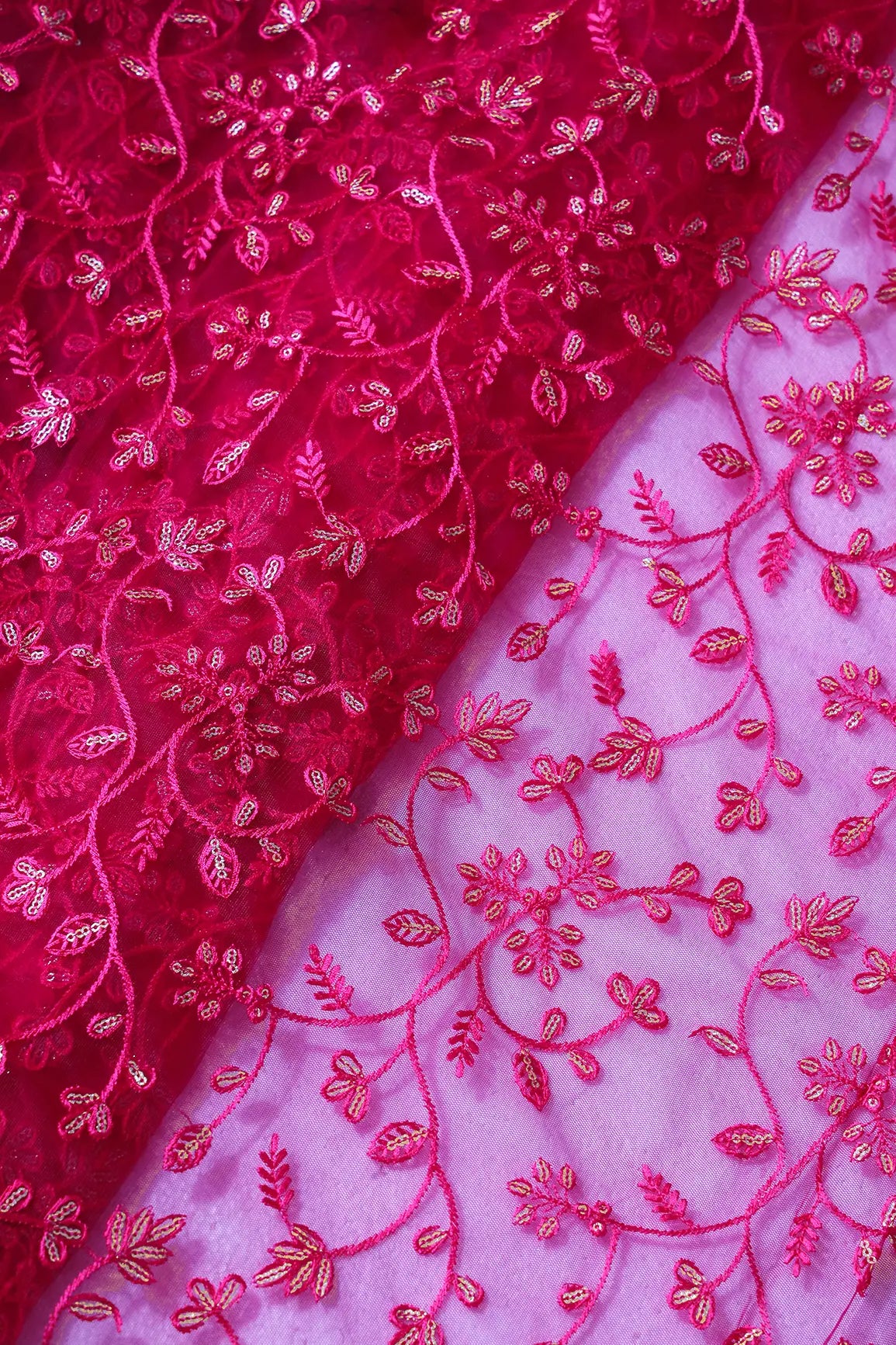 Beautiful Gold Glitter Sequins Heavy Floral Embroidery On Fuchsia Soft Net Fabric