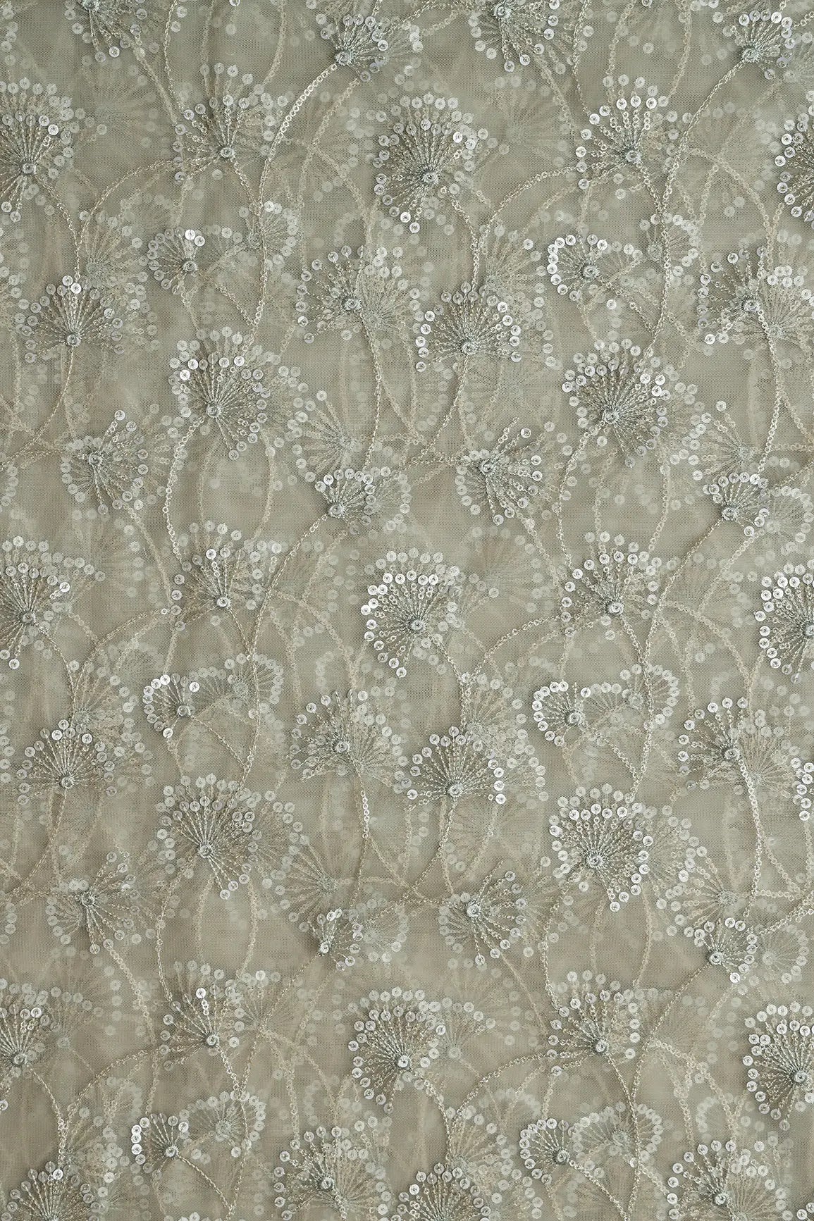 Olive Thread With Gold And Silver Sequins Floral Embroidery On Light Olive Soft Net Fabric