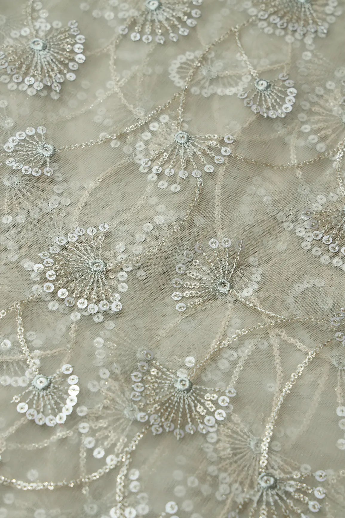 Olive Thread With Gold And Silver Sequins Floral Embroidery On Light Olive Soft Net Fabric