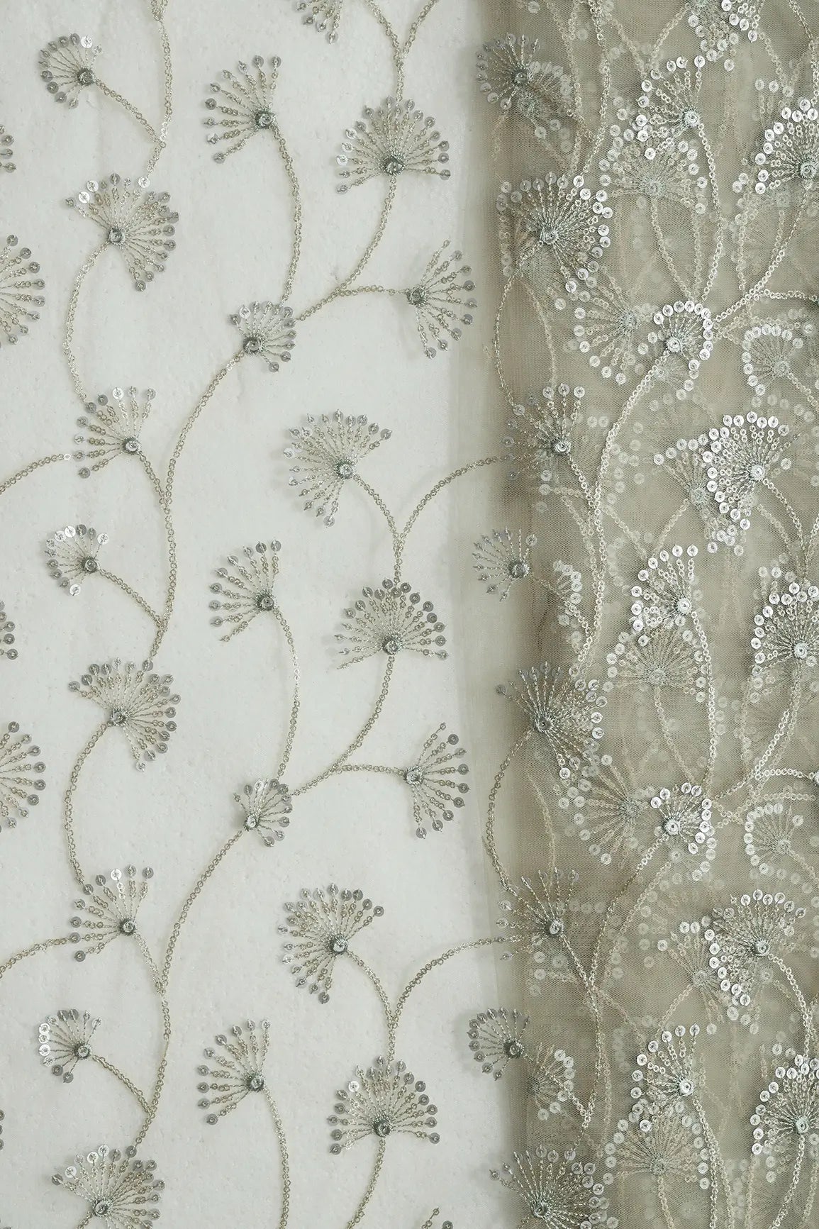 Olive Thread With Gold And Silver Sequins Floral Embroidery On Light Olive Soft Net Fabric