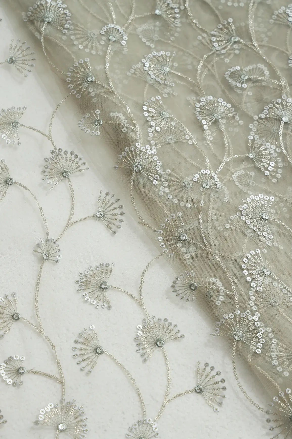 Olive Thread With Gold And Silver Sequins Floral Embroidery On Light Olive Soft Net Fabric