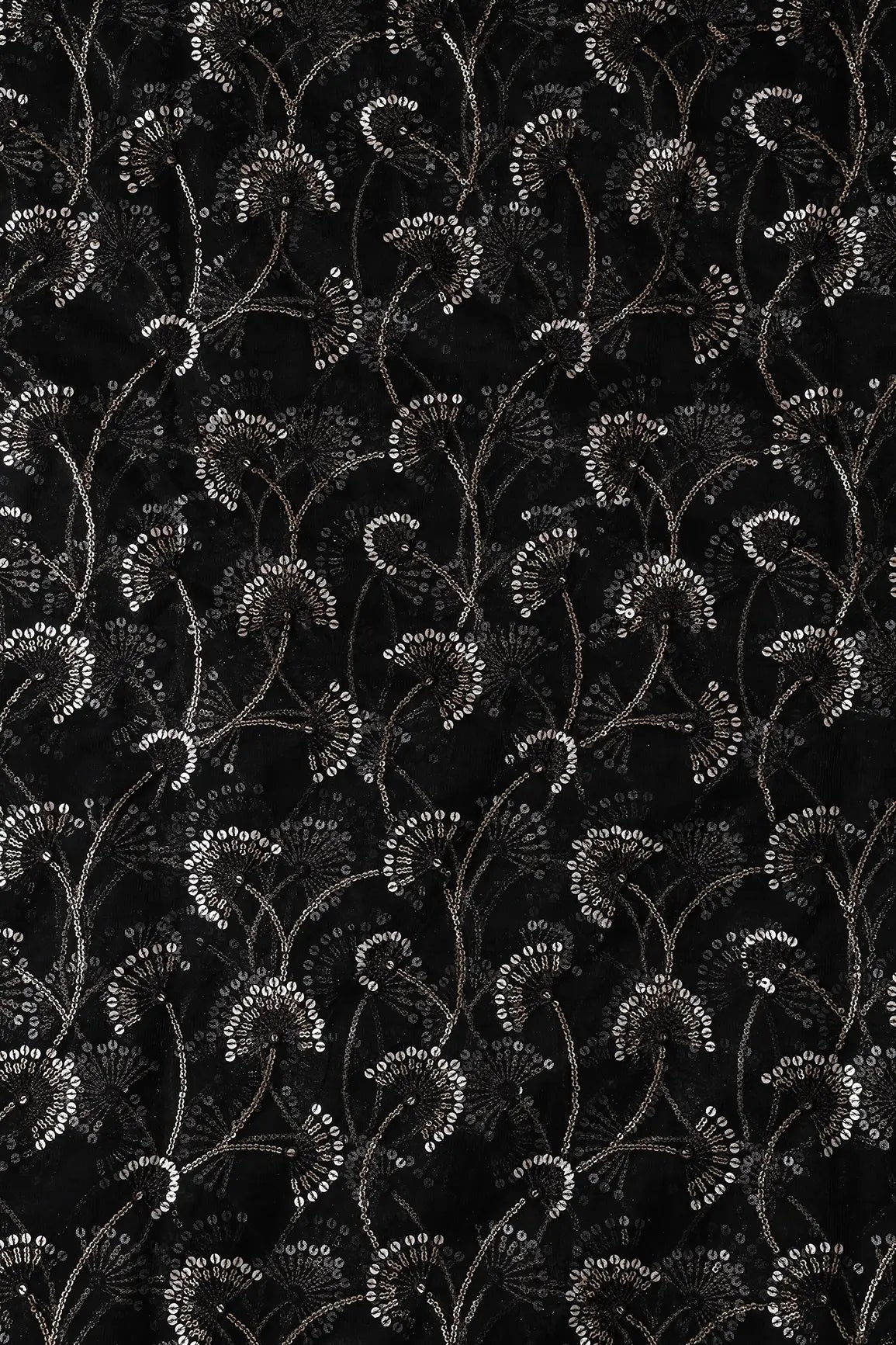 Black Thread With Gold And Silver Sequins Floral Embroidery On Black Soft Net Fabric