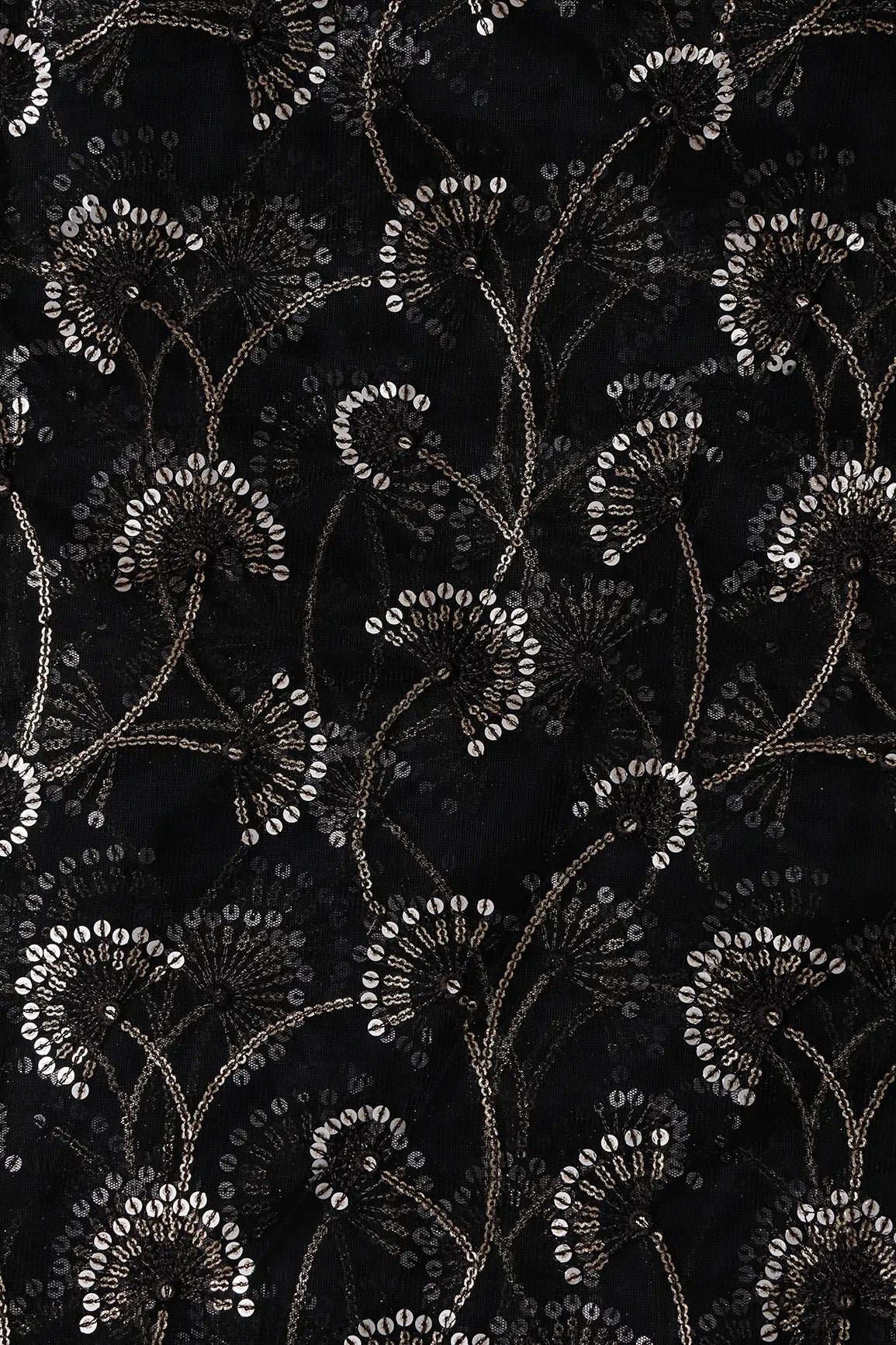 Black Thread With Gold And Silver Sequins Floral Embroidery On Black Soft Net Fabric