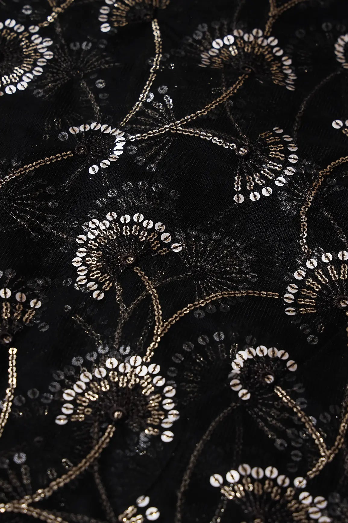 Black Thread With Gold And Silver Sequins Floral Embroidery On Black Soft Net Fabric