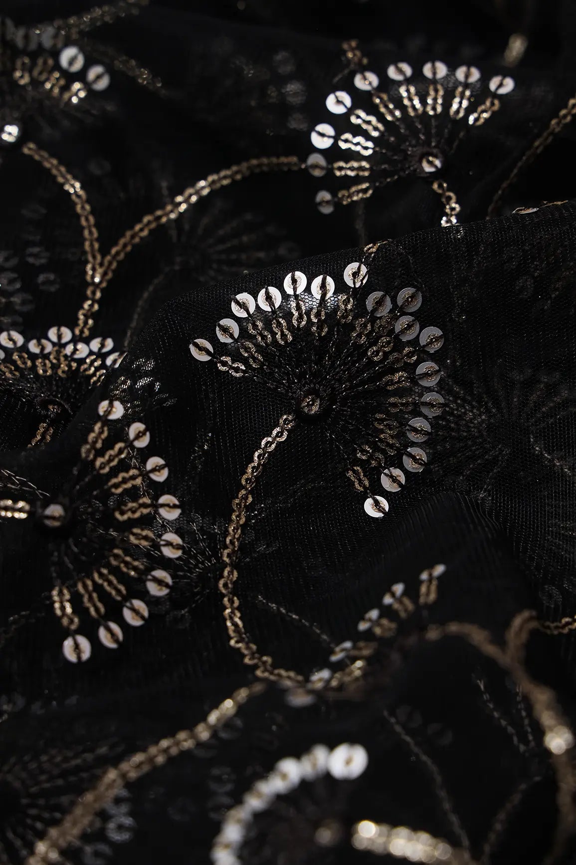 Black Thread With Gold And Silver Sequins Floral Embroidery On Black Soft Net Fabric