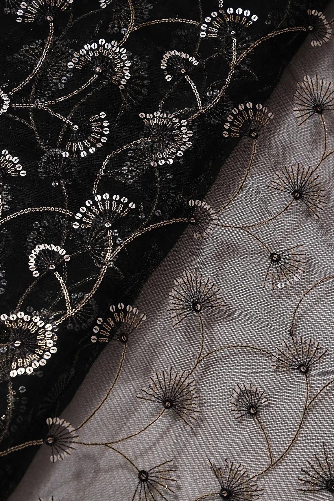 Black Thread With Gold And Silver Sequins Floral Embroidery On Black Soft Net Fabric