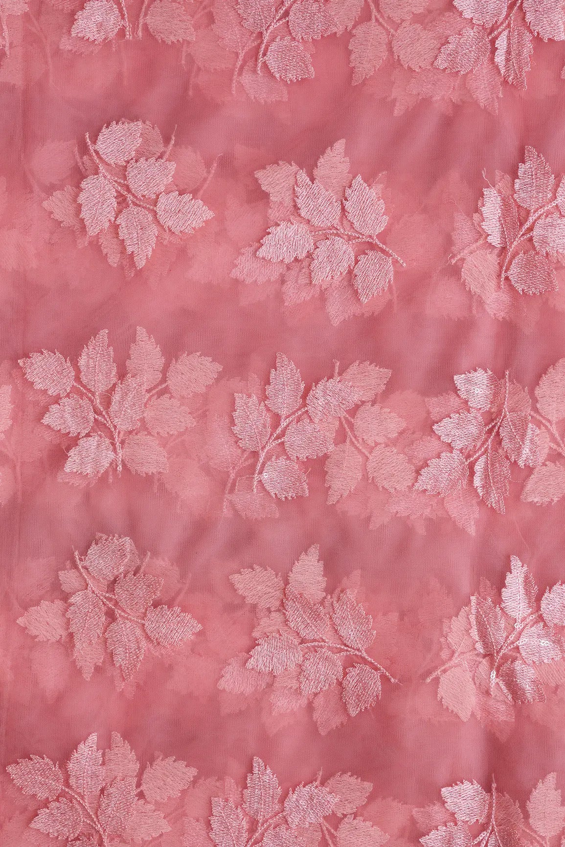 Pink Thread With Sequins Leafy Embroidery Work On Salmon Pink Soft Net Fabric