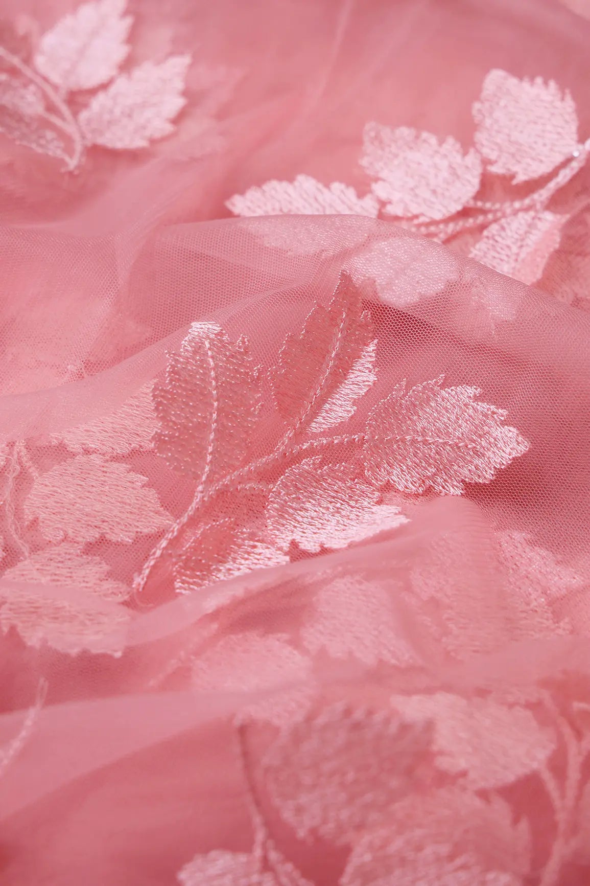 Pink Thread With Sequins Leafy Embroidery Work On Salmon Pink Soft Net Fabric