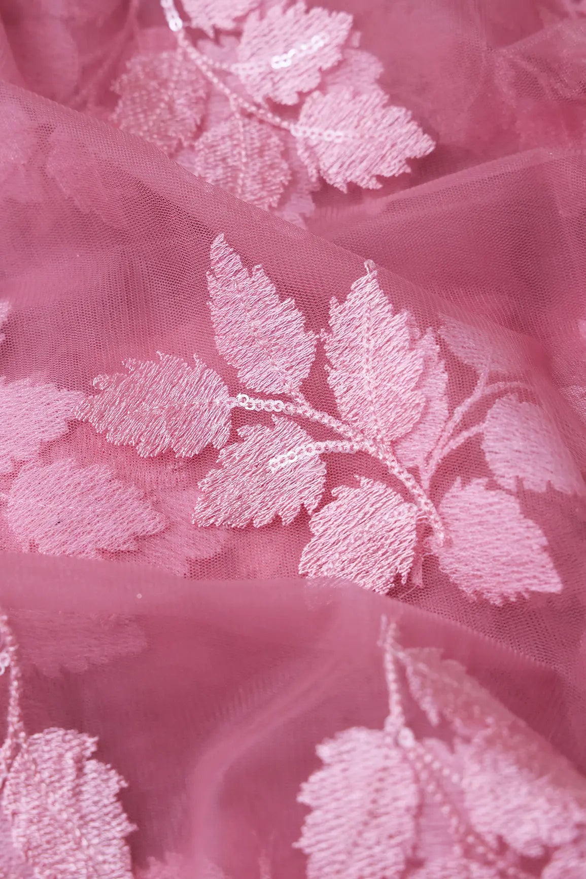 Pink Thread With Sequins Leafy Embroidery Work On Pink Soft Net Fabric