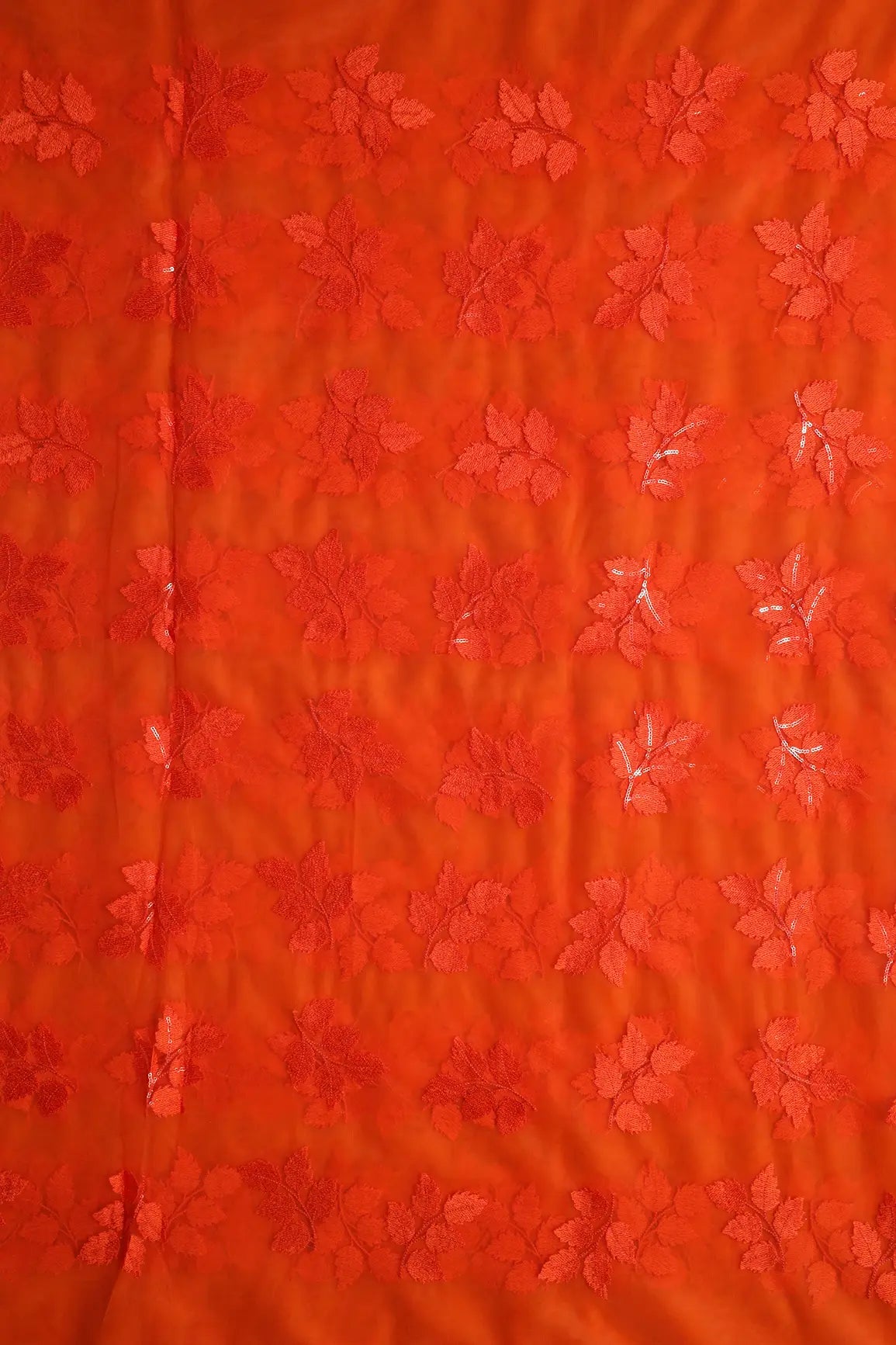 Orange Thread With Sequins Leafy Embroidery Work On Orange Soft Net Fabric