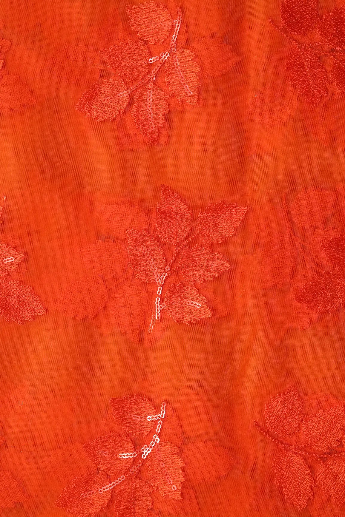 Orange Thread With Sequins Leafy Embroidery Work On Orange Soft Net Fabric