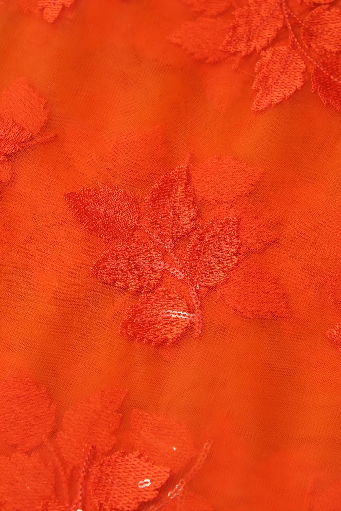 Orange Thread With Sequins Leafy Embroidery Work On Orange Soft Net Fabric