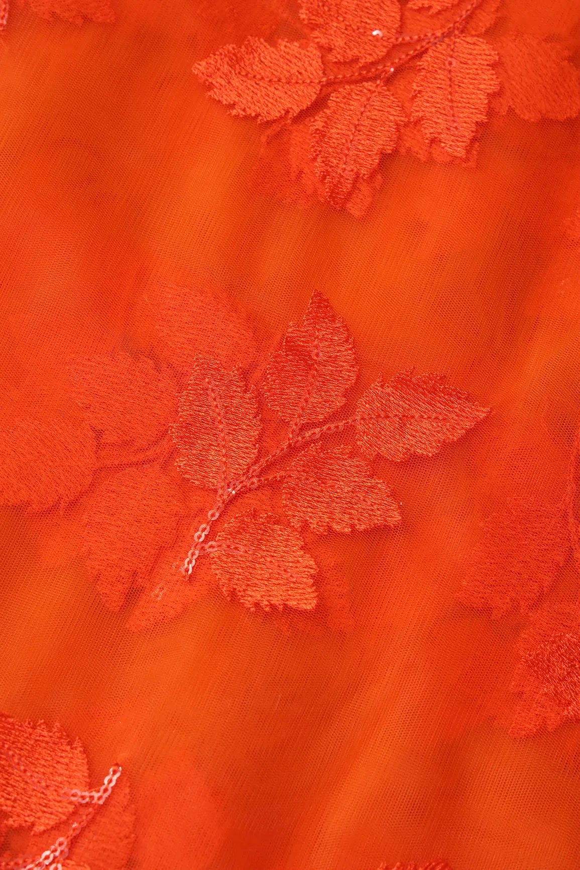 Orange Thread With Sequins Leafy Embroidery Work On Orange Soft Net Fabric