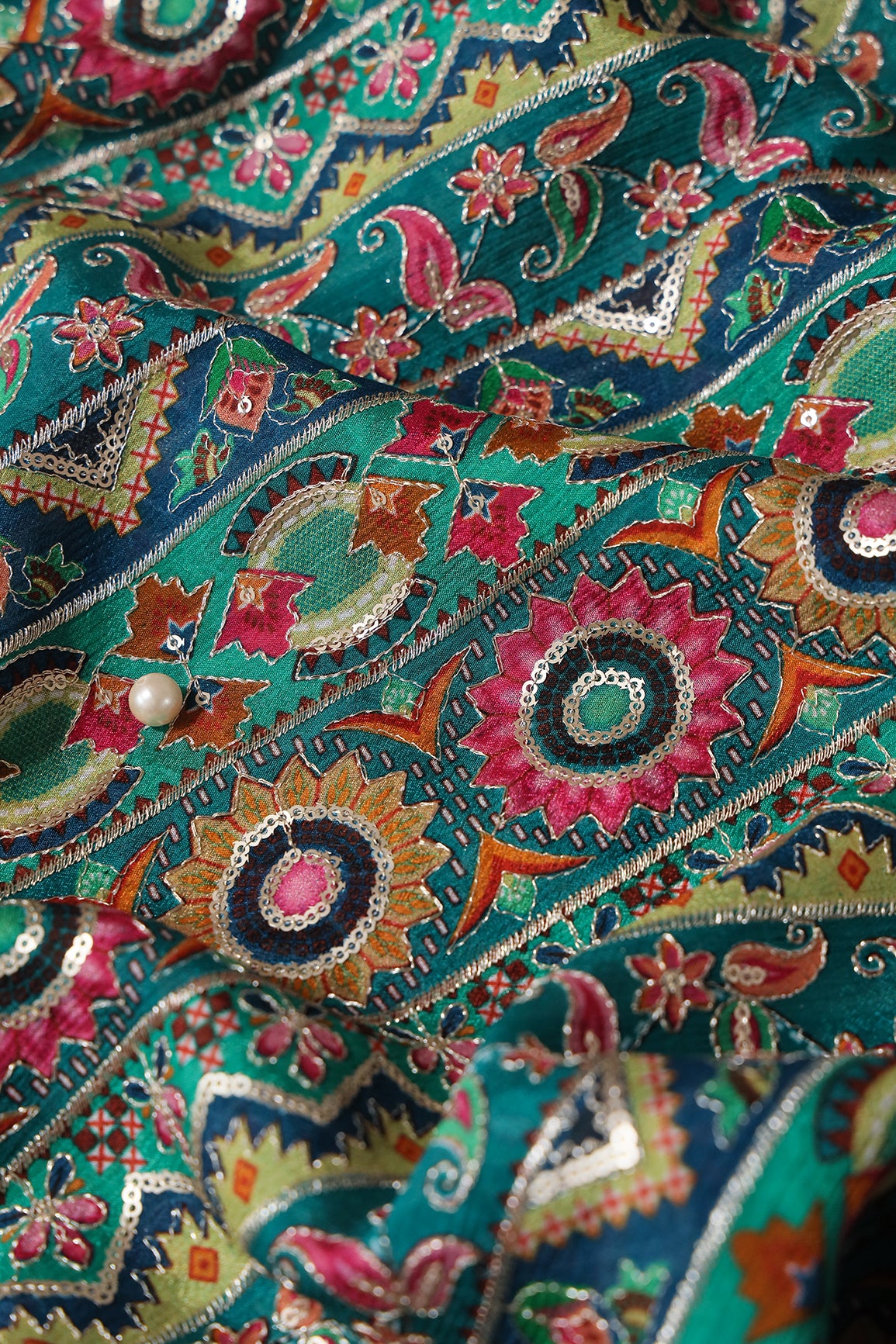 Multi Color Traditional Position Print On Sequins Embroidery Viscose Chinnon Chiffon Fabric