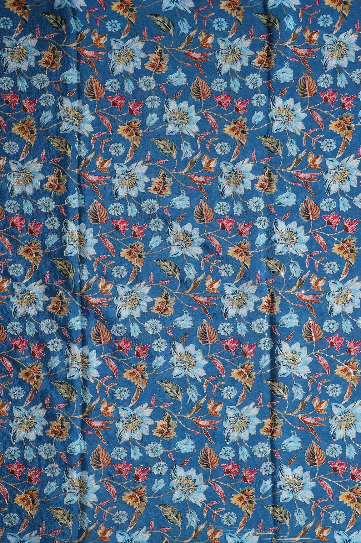 Floral Position Print On Sequins Embroidery Royal Blue Viscose Chinnon Chiffon Fabric