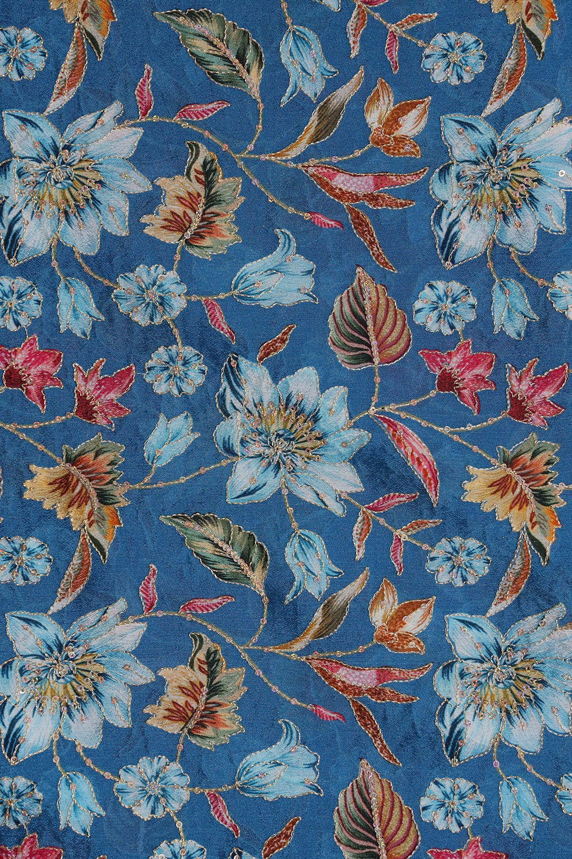 Floral Position Print On Sequins Embroidery Royal Blue Viscose Chinnon Chiffon Fabric