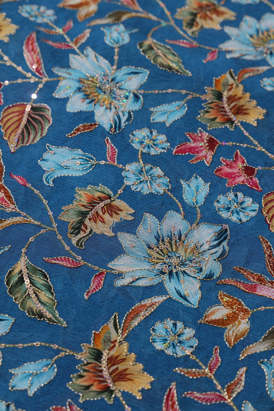 Floral Position Print On Sequins Embroidery Royal Blue Viscose Chinnon Chiffon Fabric