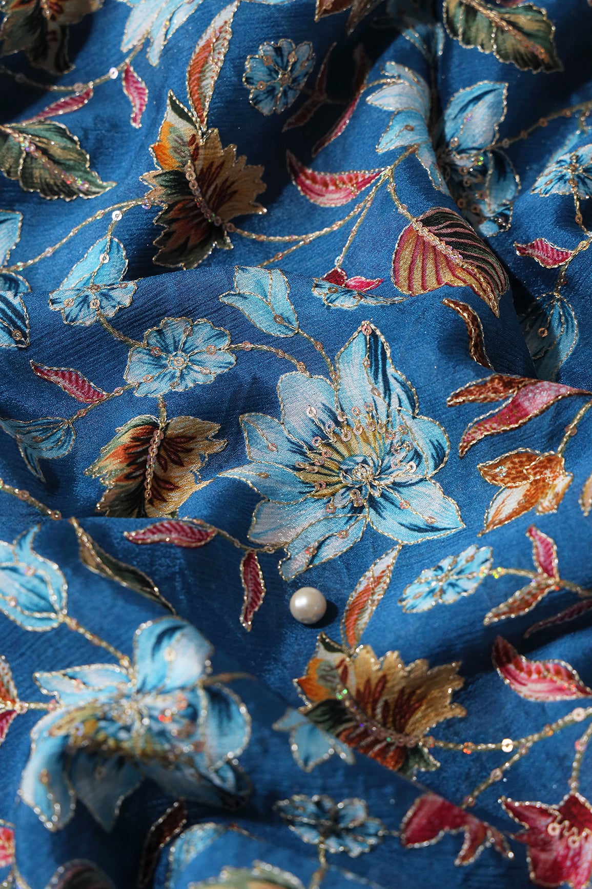 Floral Position Print On Sequins Embroidery Royal Blue Viscose Chinnon Chiffon Fabric