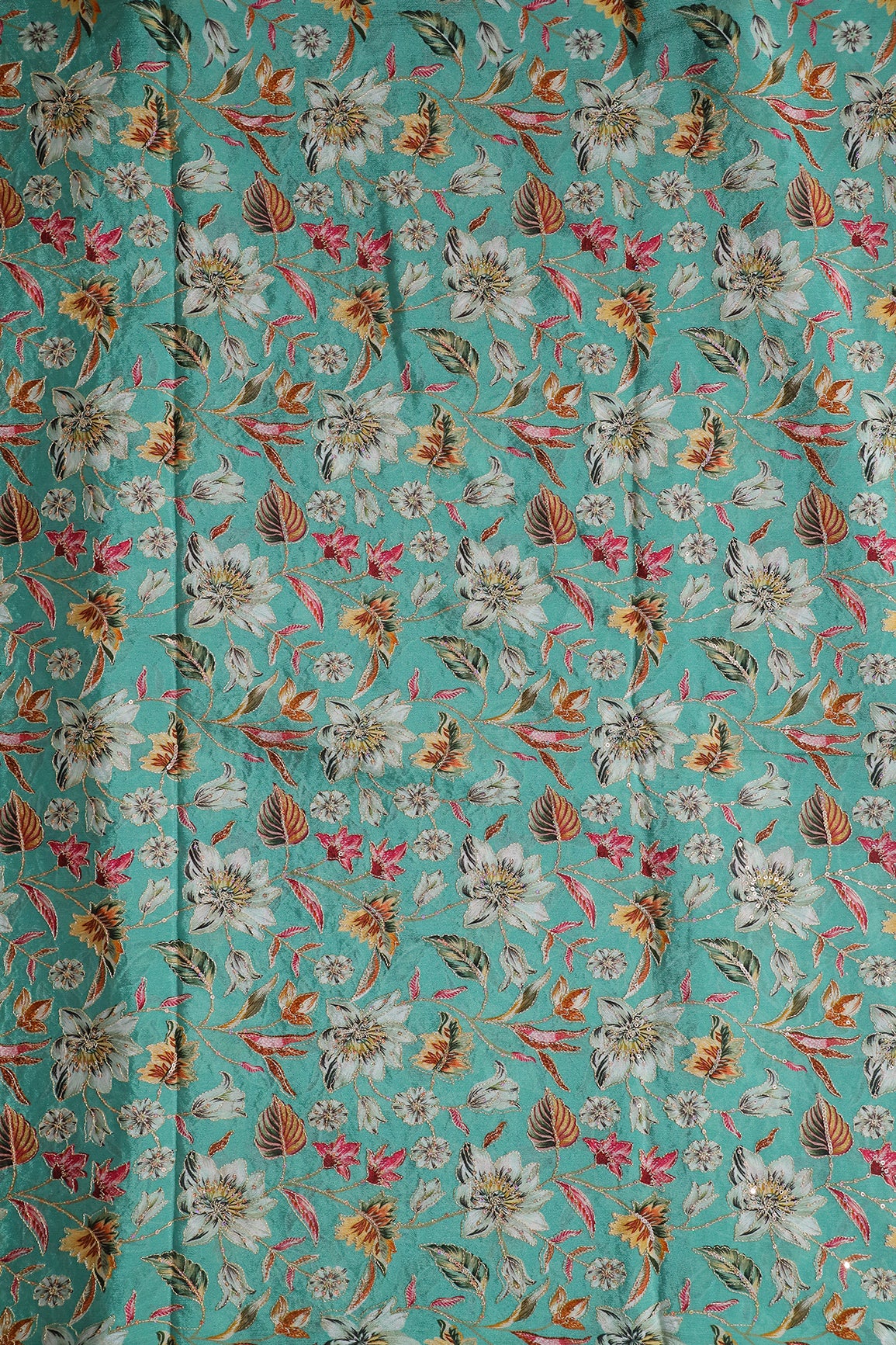 Floral Position Print On Sequins Embroidery Teal Viscose Chinnon Chiffon Fabric