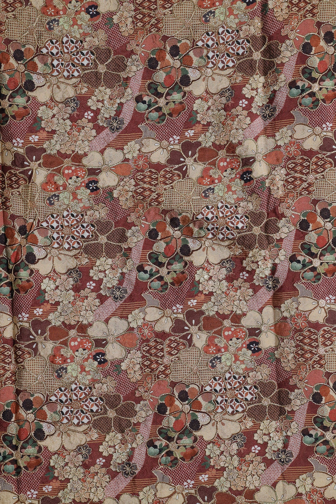 Floral Position Print On Sequins Embroidery Brown Viscose Chinnon Chiffon Fabric