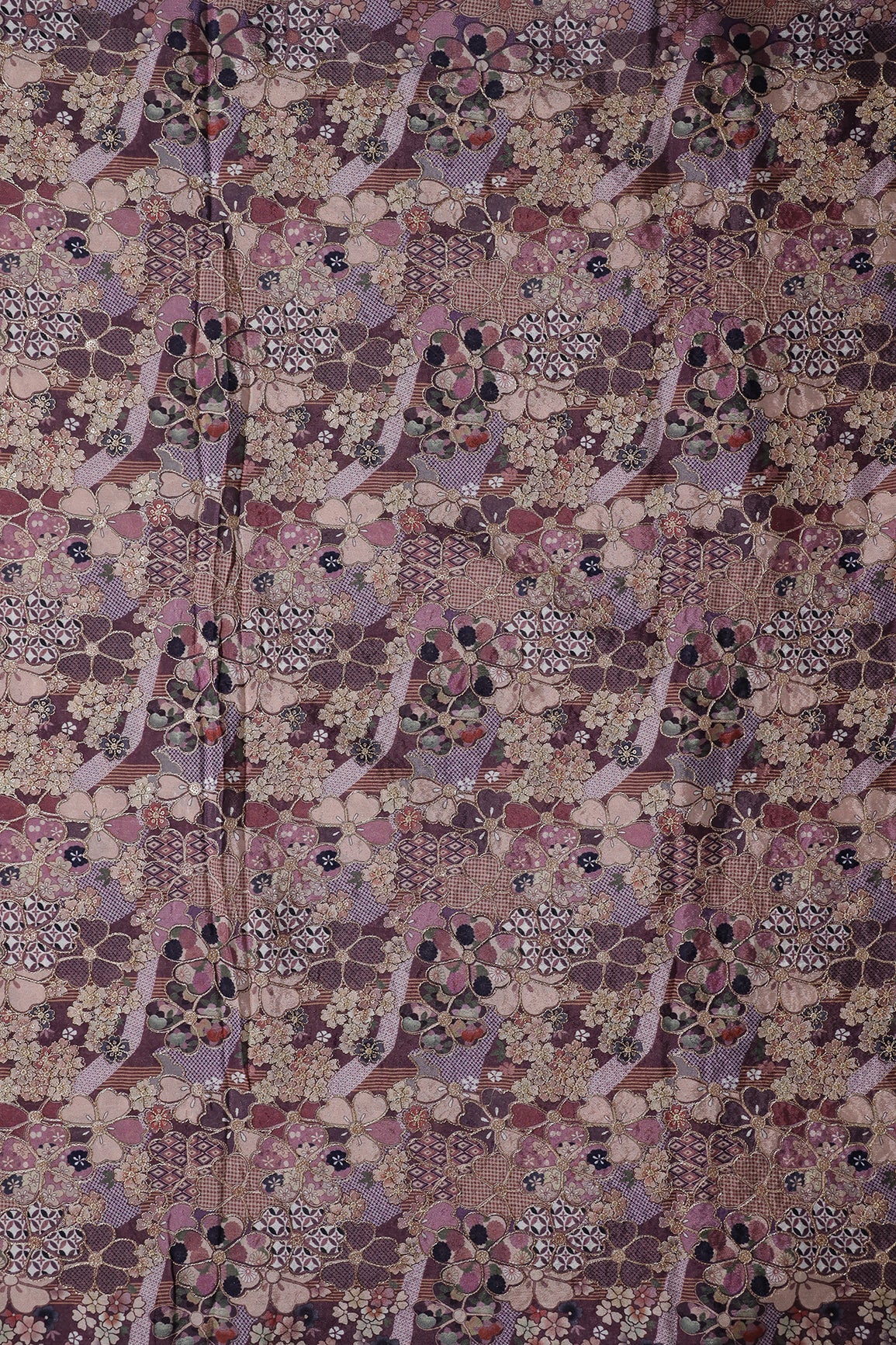 Floral Position Print On Sequins Embroidery Mauve Viscose Chinnon Chiffon Fabric