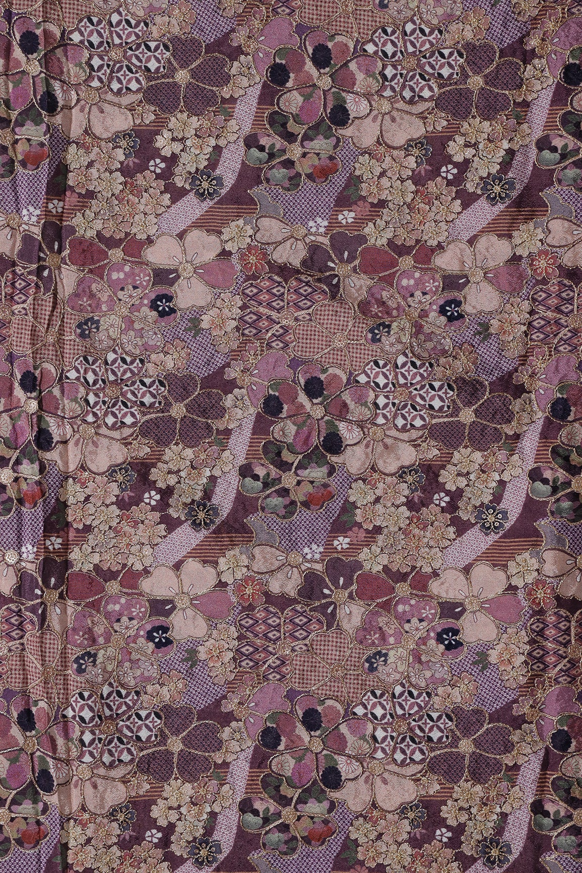 Floral Position Print On Sequins Embroidery Mauve Viscose Chinnon Chiffon Fabric