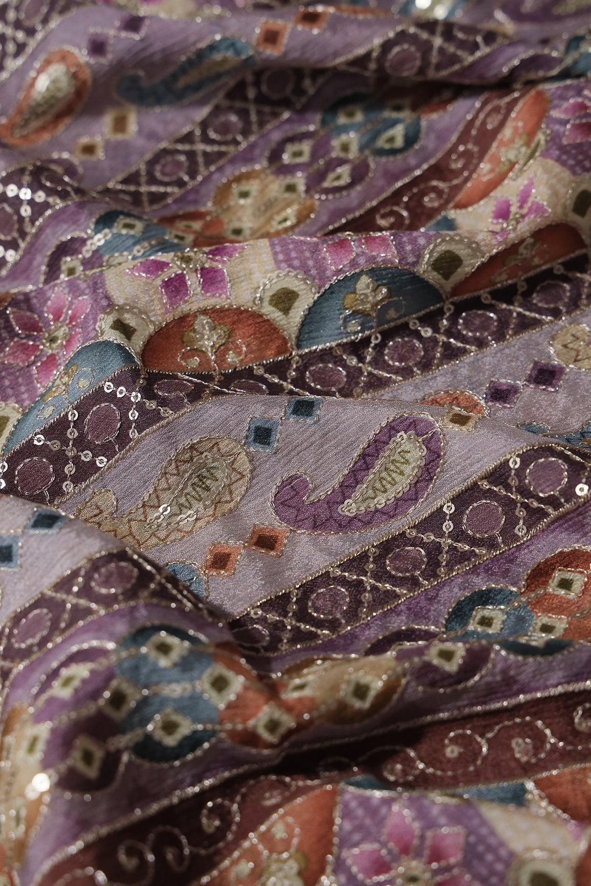 Traditional Position Print On Sequins Embroidery Light Lavender Viscose Chinnon Chiffon Fabric