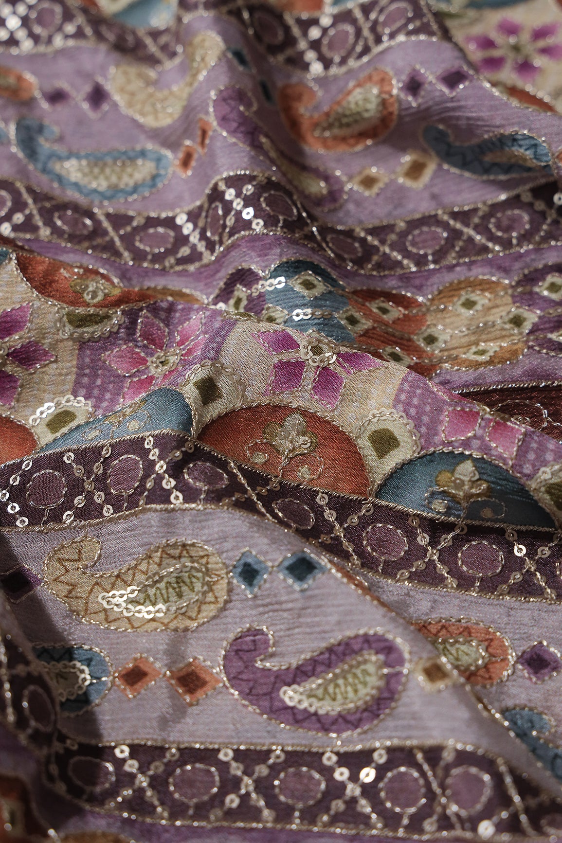 Traditional Position Print On Sequins Embroidery Light Lavender Viscose Chinnon Chiffon Fabric