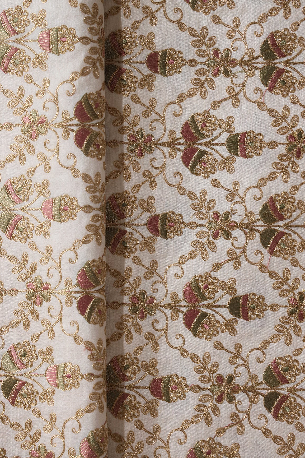 Olive And Mauve Thread With Gold Zari Floral Embroidery On Off White Raw Silk Fabric