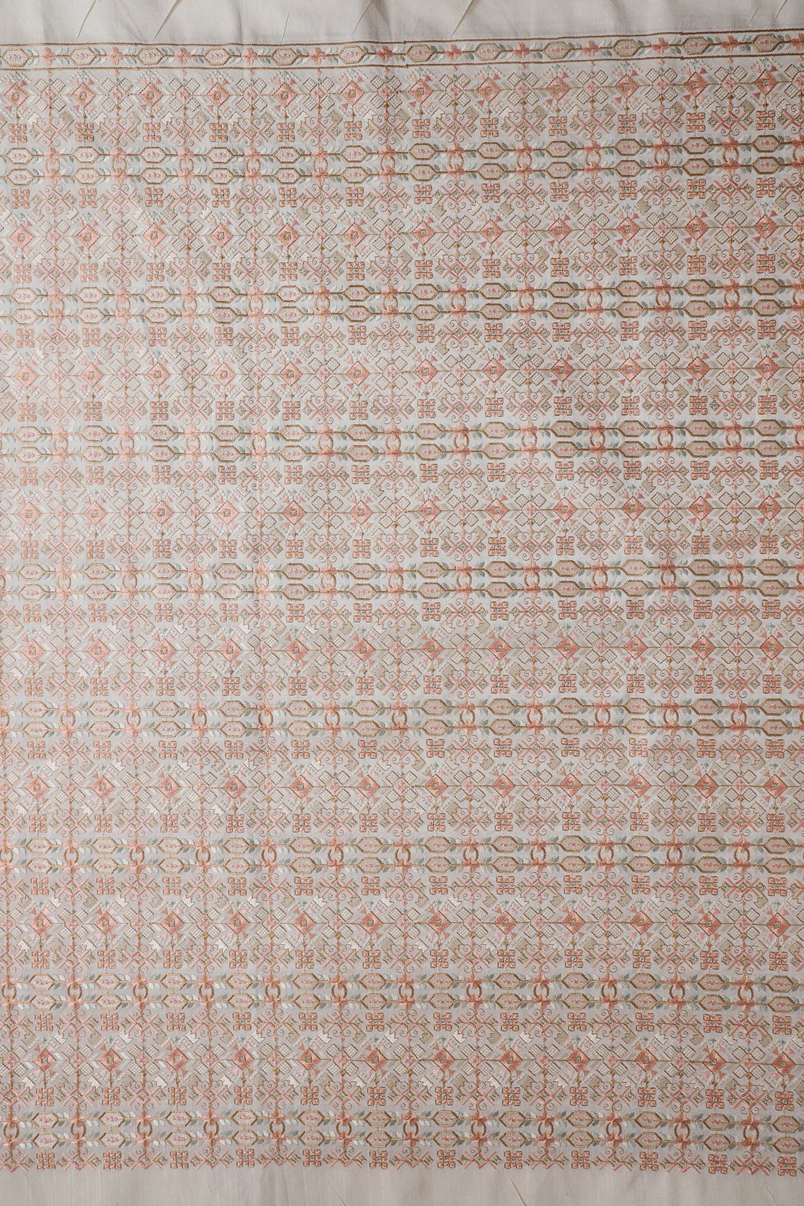 Peach And White Thread With Gold Zari Traditional Embroidery On Off White Raw Silk Fabric