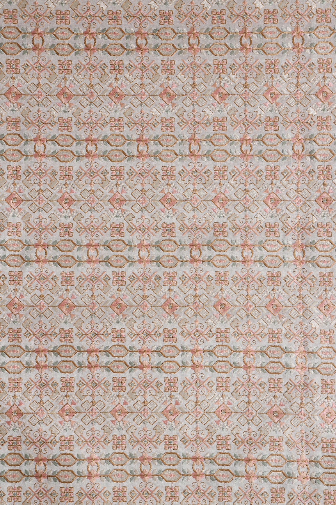 Peach And White Thread With Gold Zari Traditional Embroidery On Off White Raw Silk Fabric