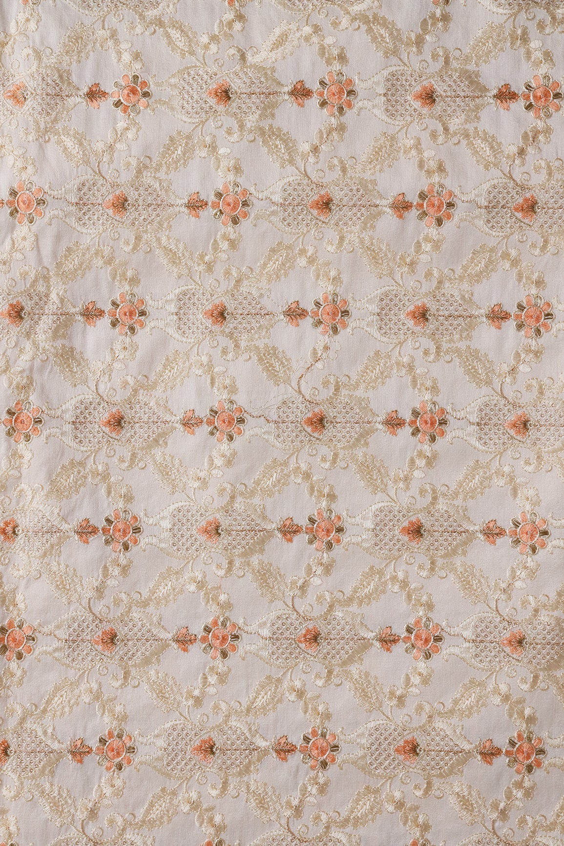 Peach And White Thread With Gold Zari Floral Embroidery On Off White Raw Silk Fabric