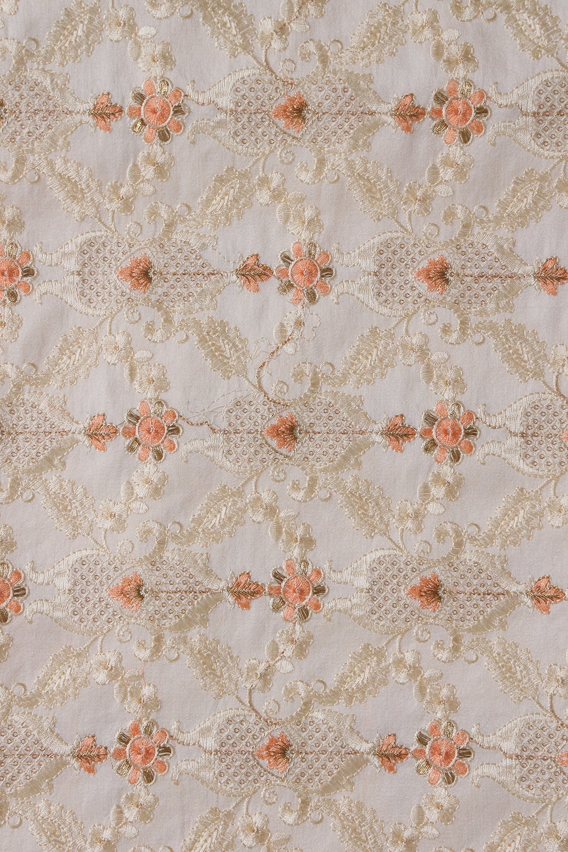 Peach And White Thread With Gold Zari Floral Embroidery On Off White Raw Silk Fabric