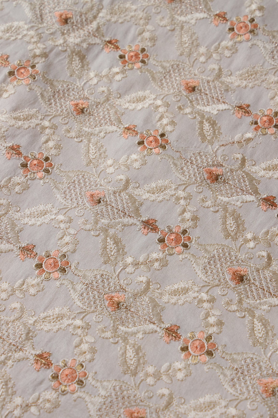 Peach And White Thread With Gold Zari Floral Embroidery On Off White Raw Silk Fabric