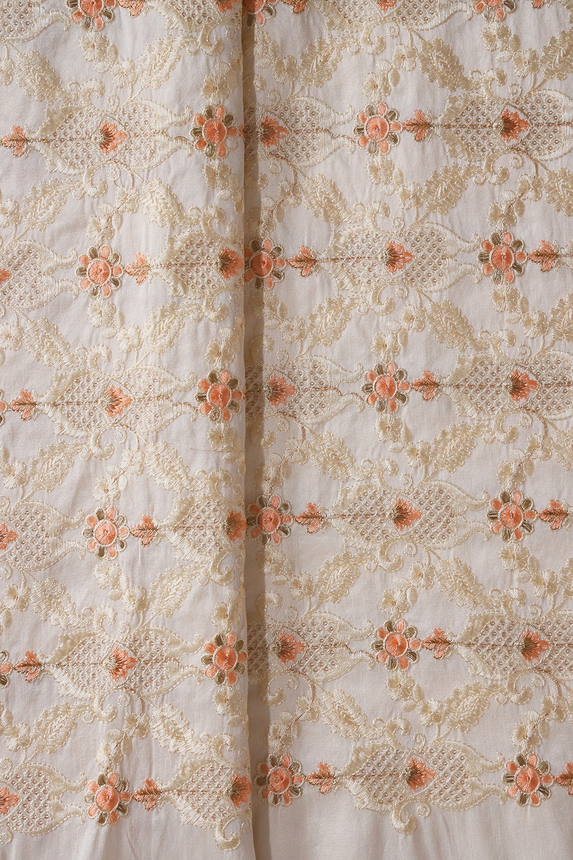 Peach And White Thread With Gold Zari Floral Embroidery On Off White Raw Silk Fabric