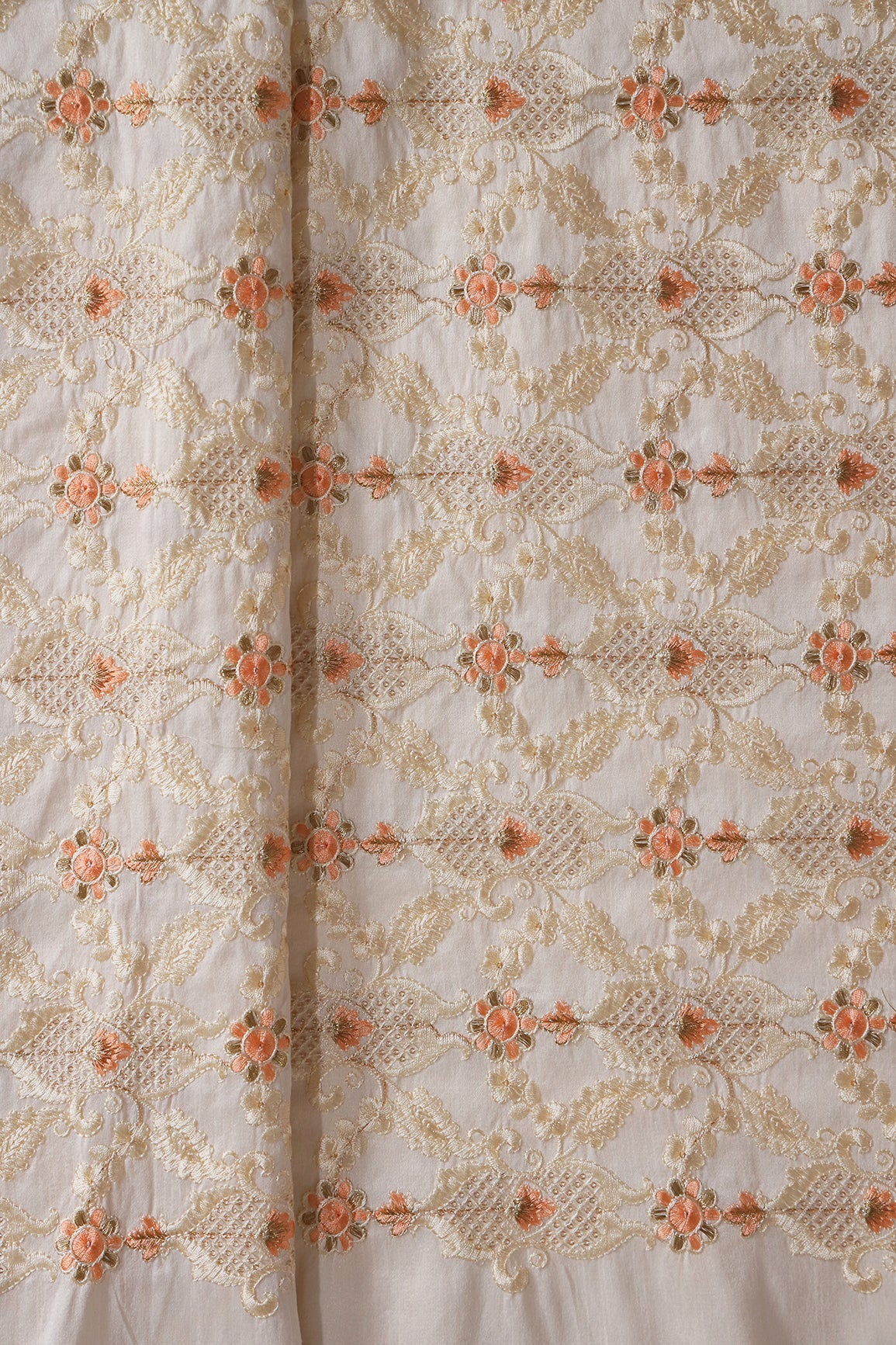 Peach And White Thread With Gold Zari Floral Embroidery On Off White Raw Silk Fabric